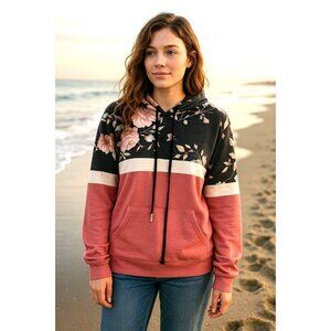 7Th Ray XL Floral Colorblock Hoodie Rose Pink Black Pullover Style Soft Fleece